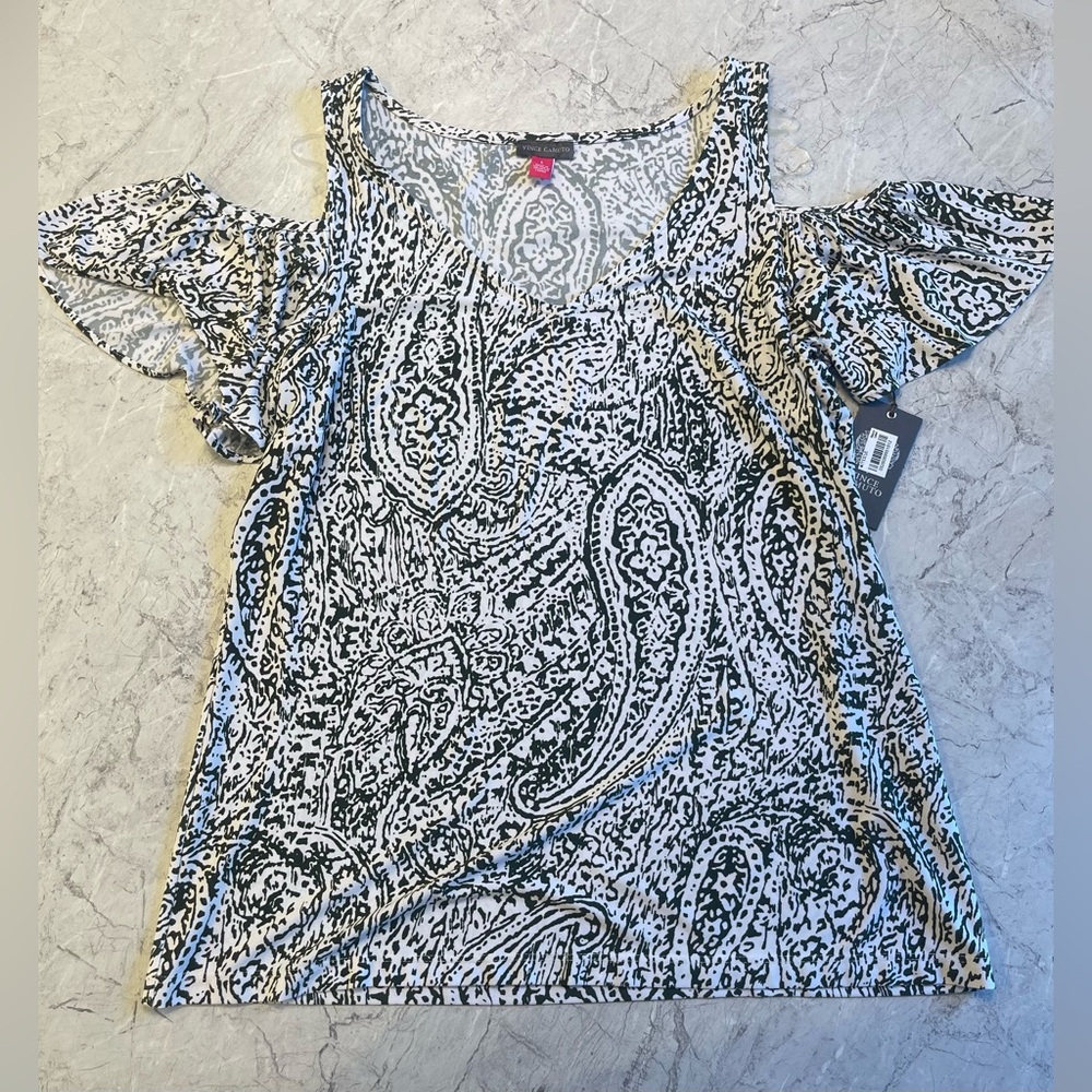 Vince Camuto Black and White Paisley Cold Shoulder Blouse